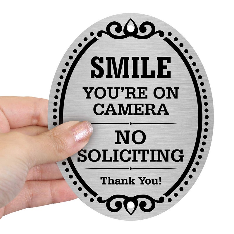 SmartSign Premium No Soliciting Smile You're On Camera Thank You Sign, 4" x 5" Aluminum Metal with Adhesive Backing/Sticker, Peel-Off or Use Pre-Punched Holes, Silver/Black, Made in USA - Image 4